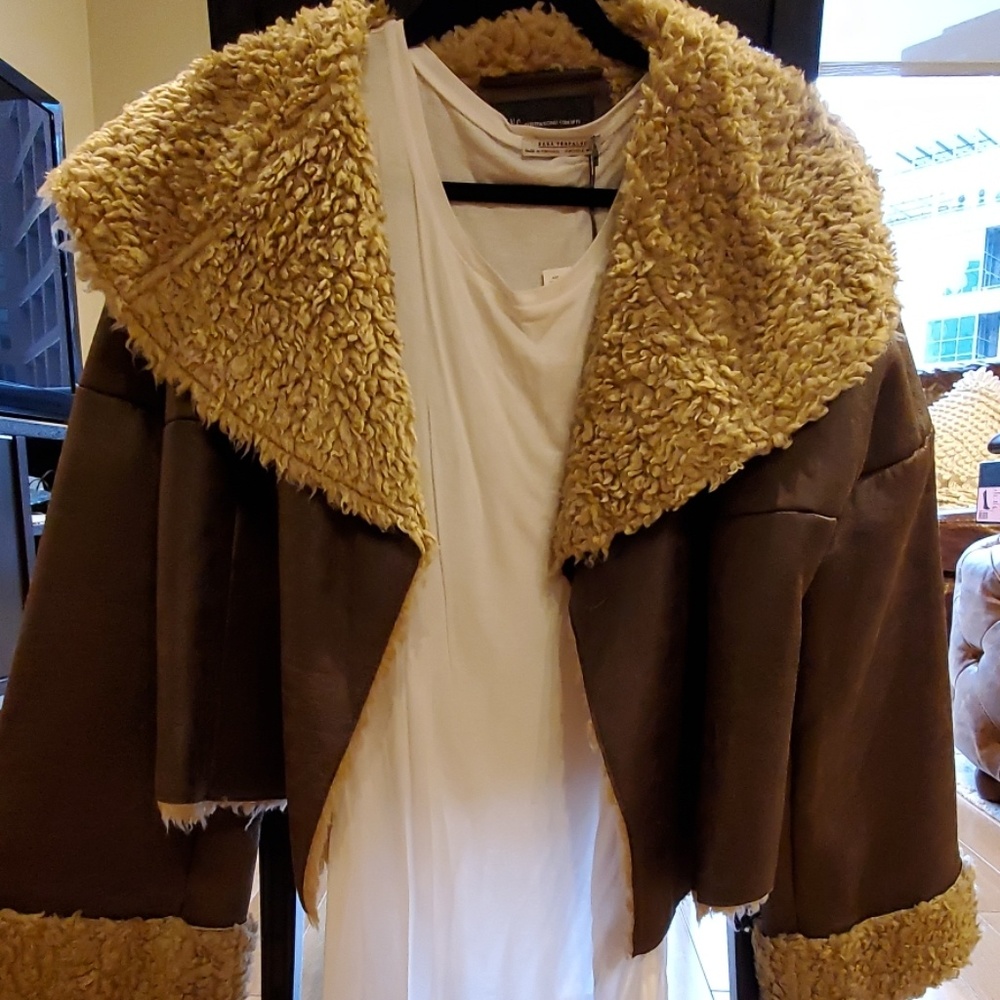 NEW Crop Faux Leather shearling jacket